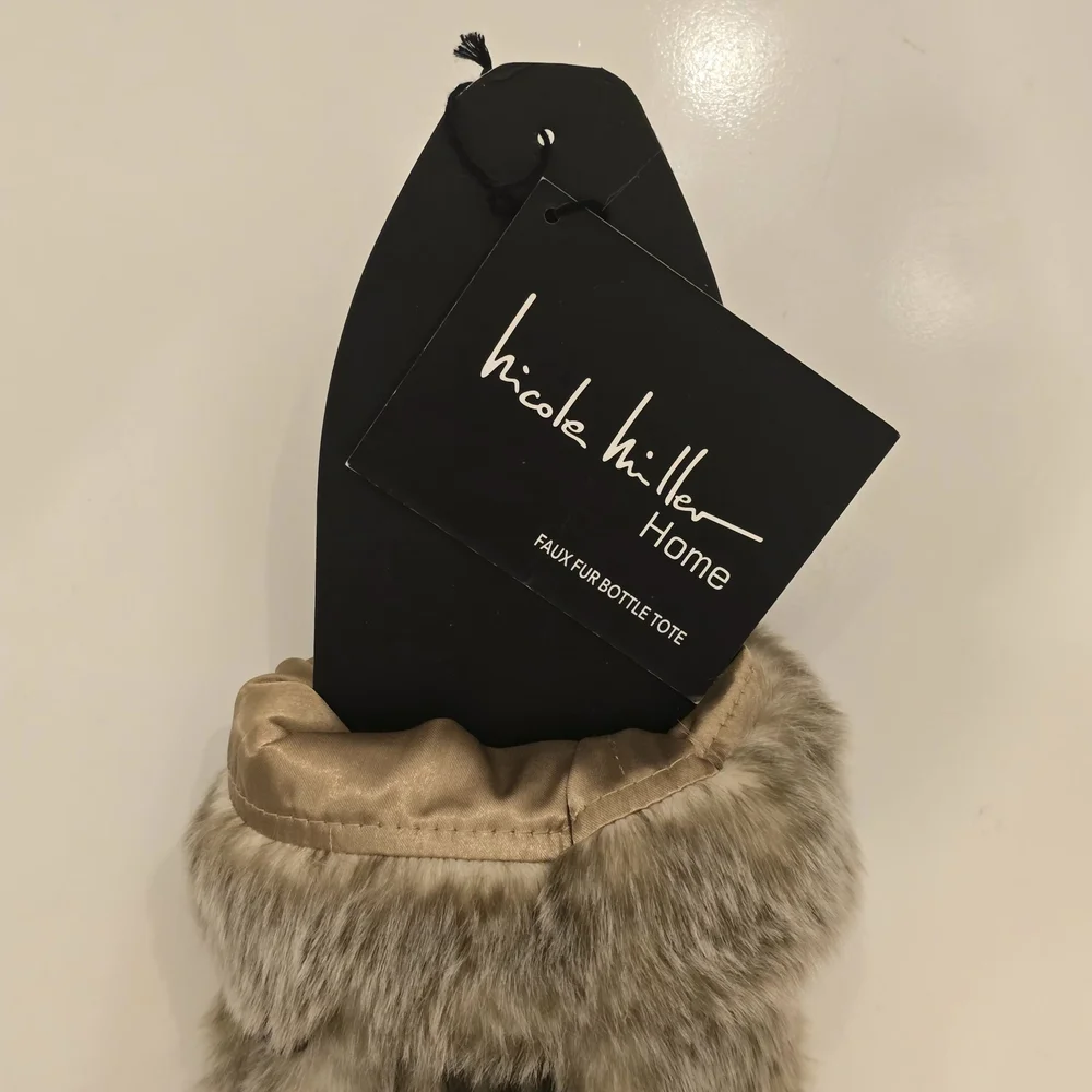 NWT Nicole Miller Brown, Taupe and Cream Faux Fur Wine Bottle Tote